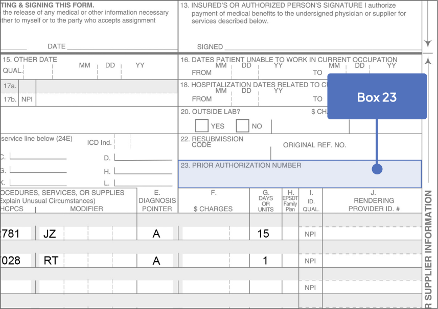 Box 23 highlighted on Sample CMS-1500 Claim Form