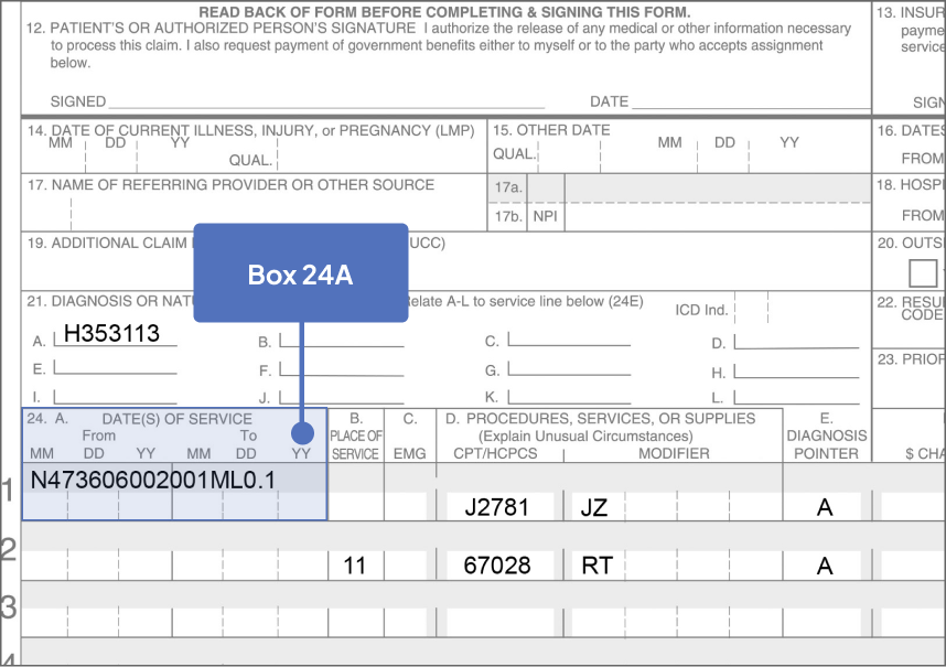 Box 24A highlighted on Sample CMS-1500 Claim Form