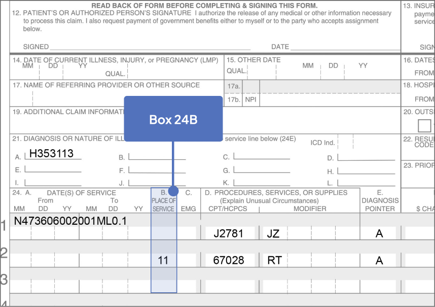 Box 24B highlighted on Sample CMS-1500 Claim Form