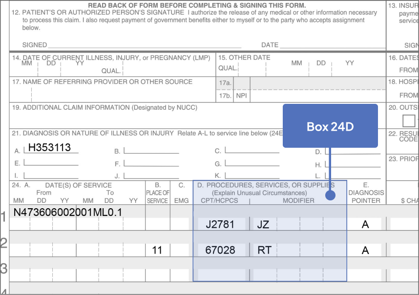 Box 24D highlighted on Sample CMS-1500 Claim Form