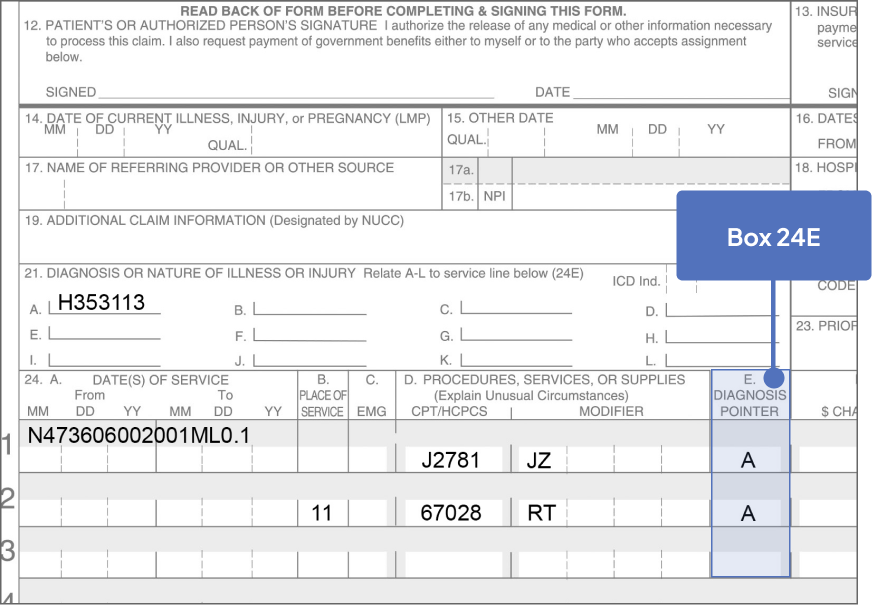 Box 24E highlighted on Sample CMS-1500 Claim Form