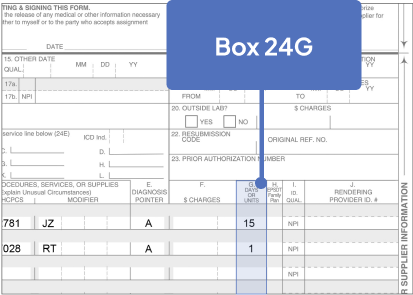 Box 24G highlighted on Sample CMS-1500 Claim Form