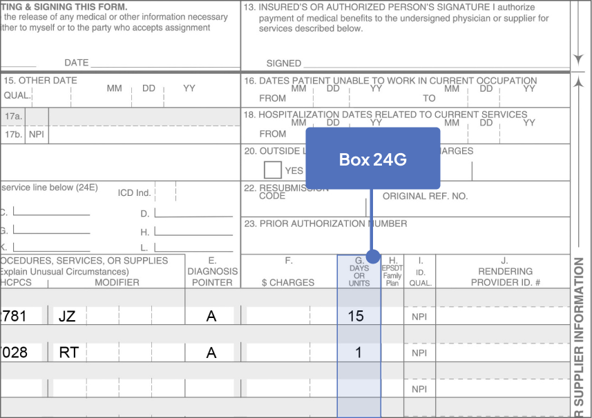 Box 24G highlighted on Sample CMS-1500 Claim Form