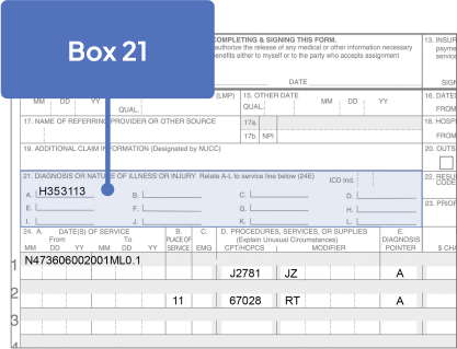 Box 21 highlighted on Sample CMS-1500 Claim Form