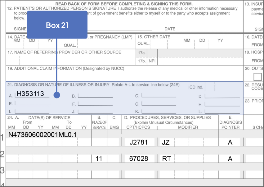 Box 21 highlighted on Sample CMS-1500 Claim Form